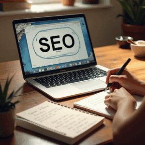 SEO writing for humans concept showing a writer balancing search optimization and reader-friendly language