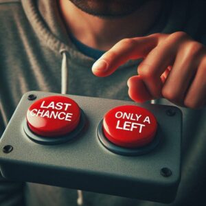 Hand hovering between two buttons labeled Last Chance and Only a Few Left, representing scarcity vs urgency in marketing