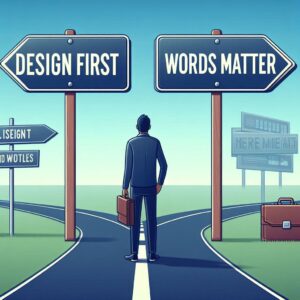 Person choosing between two signs that say “Design First” and “Words Matter” – a metaphor for the importance of website copywriting in business strategy.
